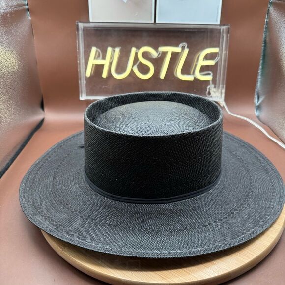 Larry Mahan Gambler Hat With Cord 6x Handwoven Shantung 7 Western Black USA - Picture 6 of 15